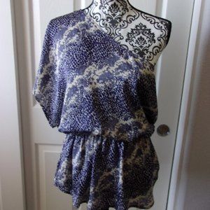Mai Tai Off the Shoulder Satinlike Top, Size L, Navy Blue & Creme Print
